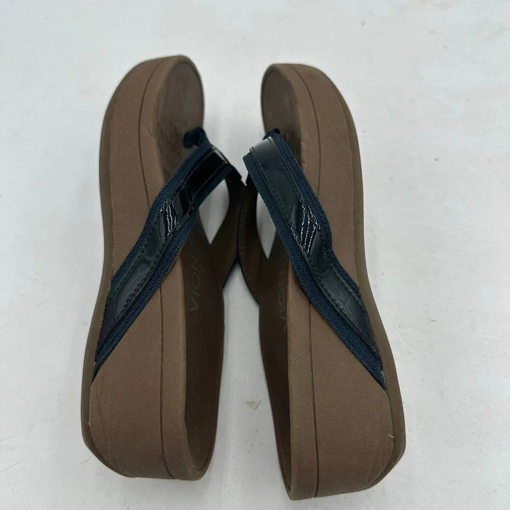 Vionic High Tide Navy Brown Platform Wedge Sandals Womens Size 6 Flip Flops